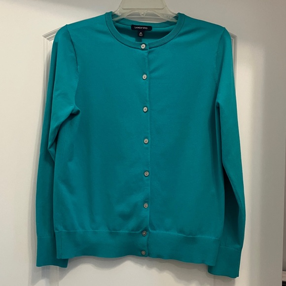 Lands' End Twin Set Teal Cardigan Sweater Size M and Teal Tee Size Large - Picture 3 of 14